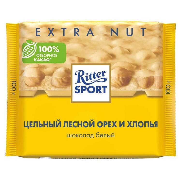 Шоколад Ritter Sport белый с цельным лесным орехом и 100 гр., флоу-пак