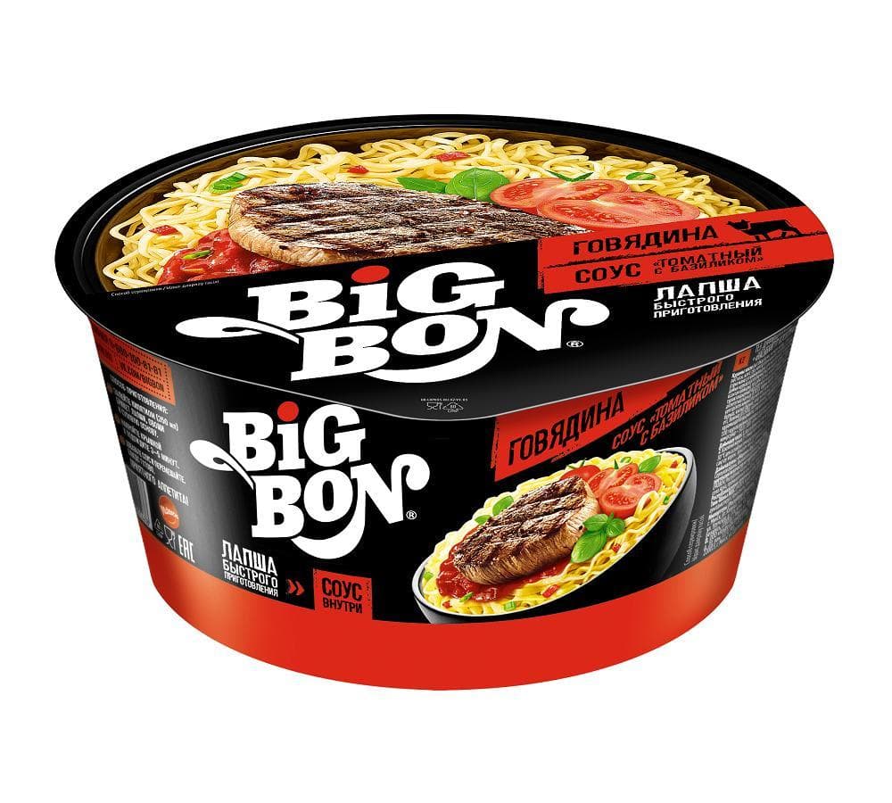 Лапша а Big Bon вкус говядина + соус томатный с базиликом, 85 гр., ПЭТ