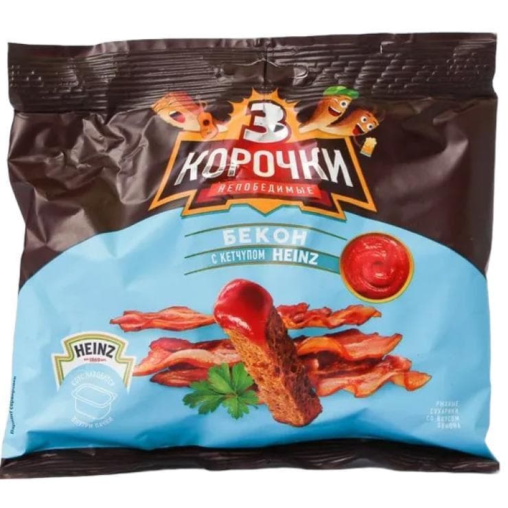 Сухарики Три Корочки ржаные бекон + кетчуп хайнц, 60 гр., флоу-пак