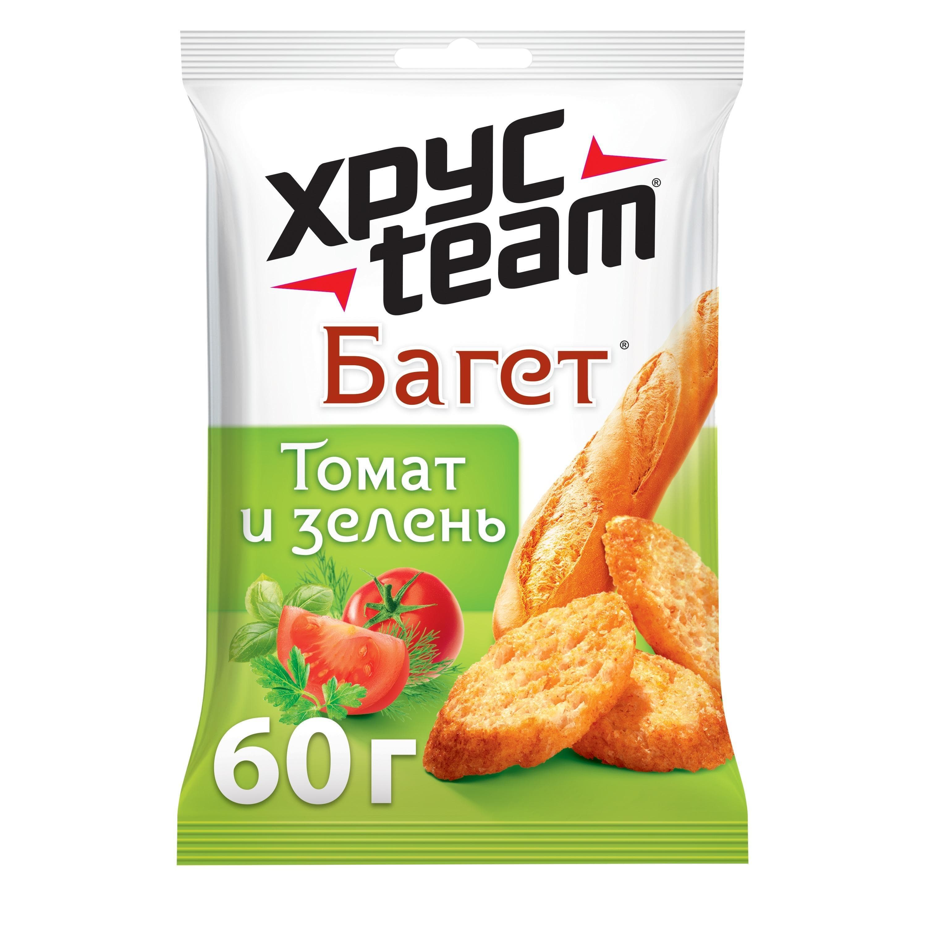 Сухарики ХрустTeam багет томат и зелень 60 гр., флоу-пак