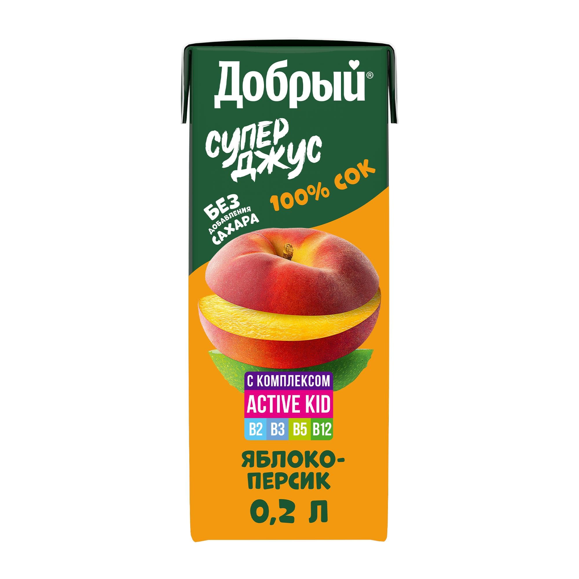 Сок Добрый Супер Джус Active Kid яблоко персик 200 мл., тетра-пак
