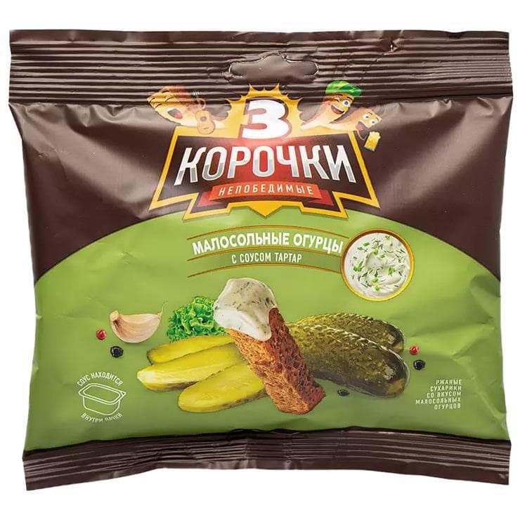 Сухарики 3 Корочки ржаные малосольные огурцы и соус 60 гр., флоу-пак