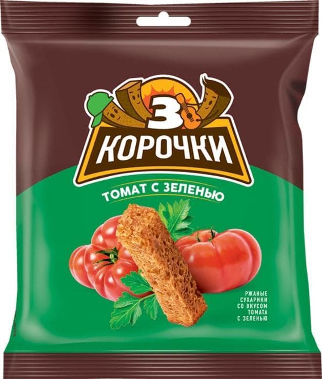 Сухарики ржаные 3 Корочки Томат с зеленью 40 гр., флоу-пак