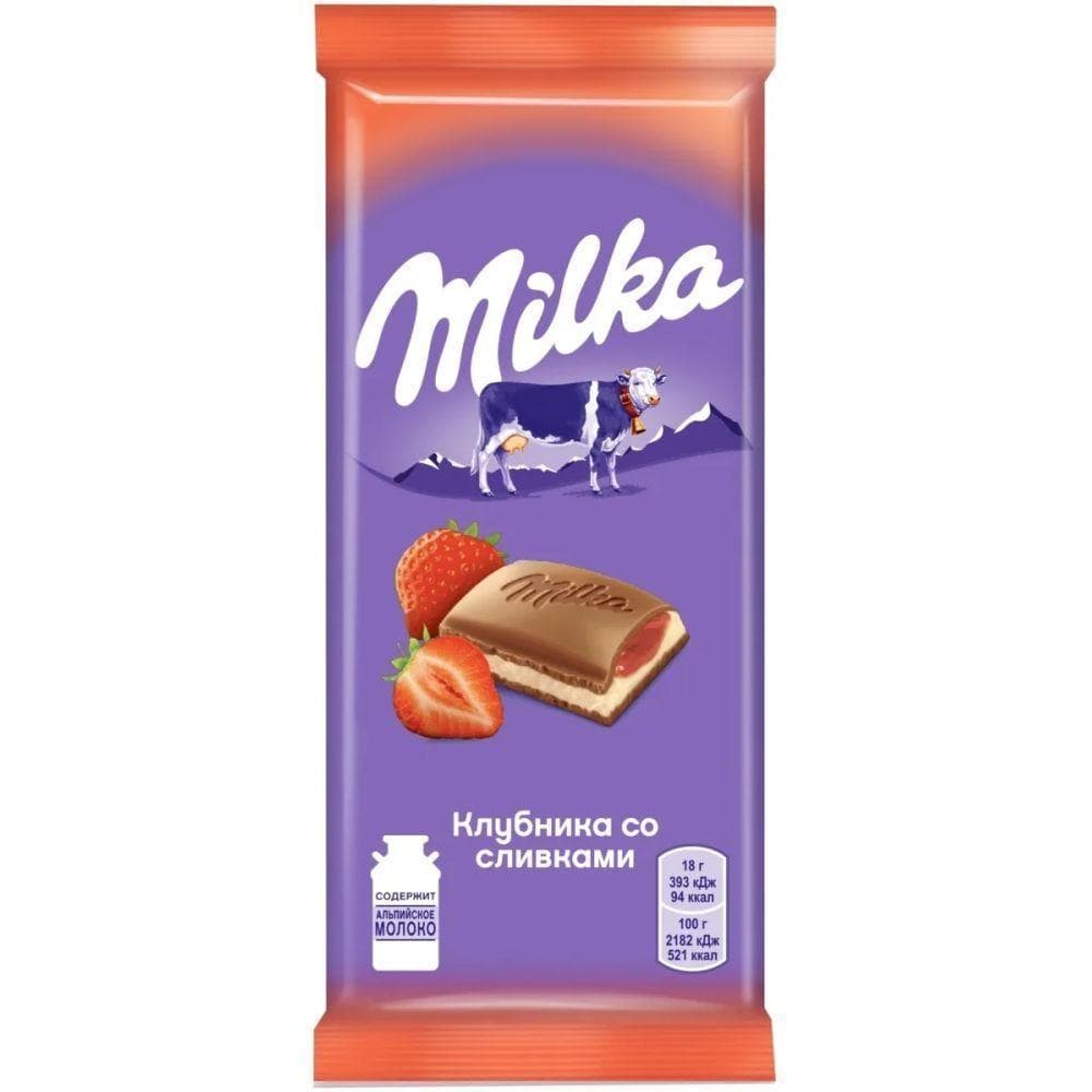 Шоколад Milka клубника со сливками молочный 85 гр., флоу-пак
