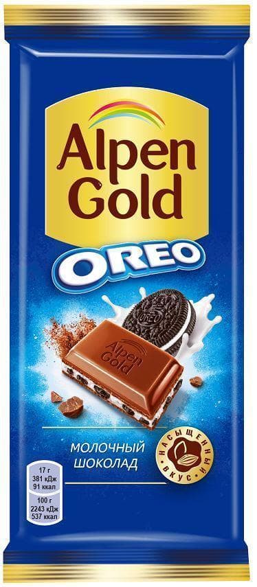 Шоколад Alpen Gold Oreo мол. с шоколадной начинкой и 85 гр., флоу-пак