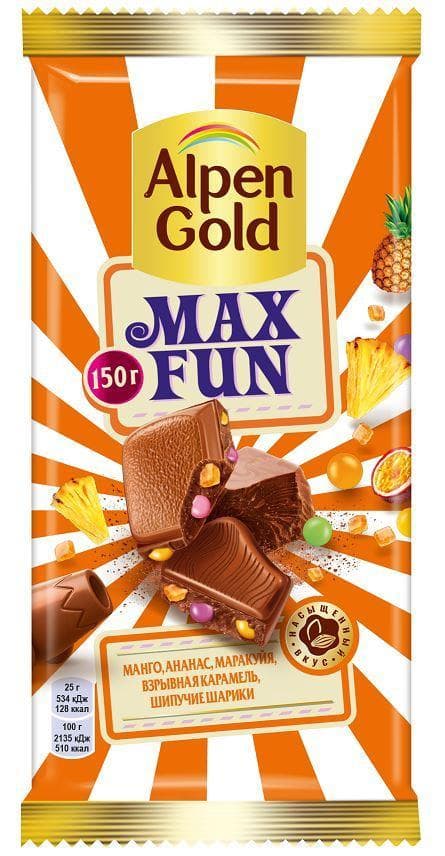 Шоколад Alpen Gold Max Fun мол. манго ананас 150 гр., флоу-пак