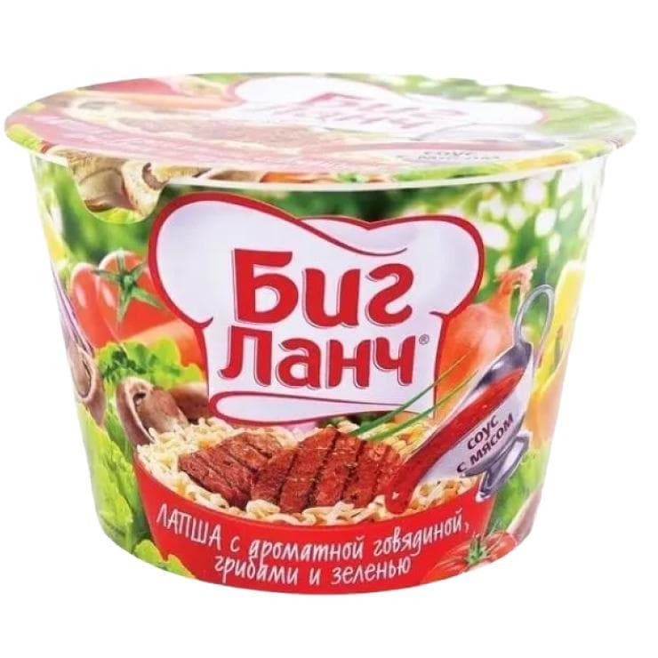Лапша Биг Ланч с ароматной говядиной, грибами и зеленью 90 гр., ПЭТ
